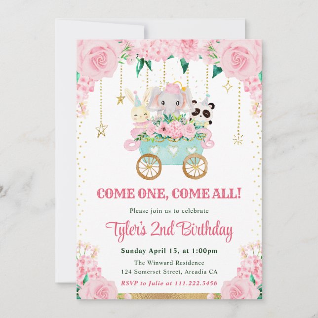 Invitación Animales de circo de cumpleaños en rosa acuarela (Anverso)
