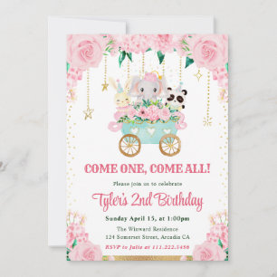 Invitación Animales de circo de cumpleaños en rosa acuarela
