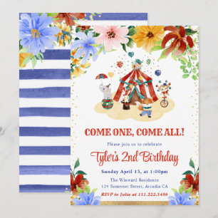 Invitación Animales de Circo Floral en Acuarela Fiesta de Cum