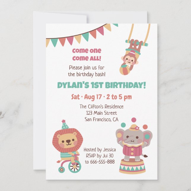 Invitación Animales de circo lindos fiesta de cumpleaños infa (Anverso)