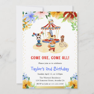 Invitación Animales de Circo Lindos Florales Acuarela Cumplea