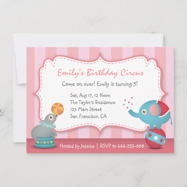 Invitación Animales de Circo Tiernos Tema Fiesta de Cumpleaño (Anverso)
