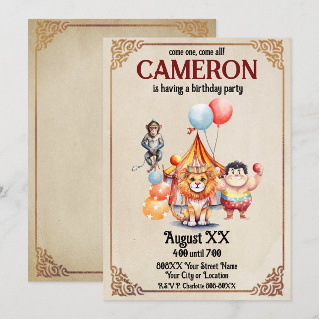 Invitación Animales de circo ventilado (Anverso / Reverso)
