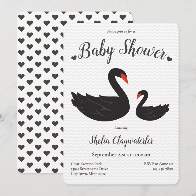 Invitación Animales de cisne negro cardíaco Baby Shower (Anverso / Reverso)