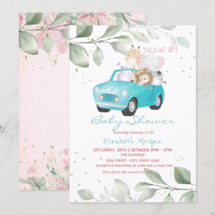Invitación Animales de Coche Puntos Florales Ducha de Bebe Dr