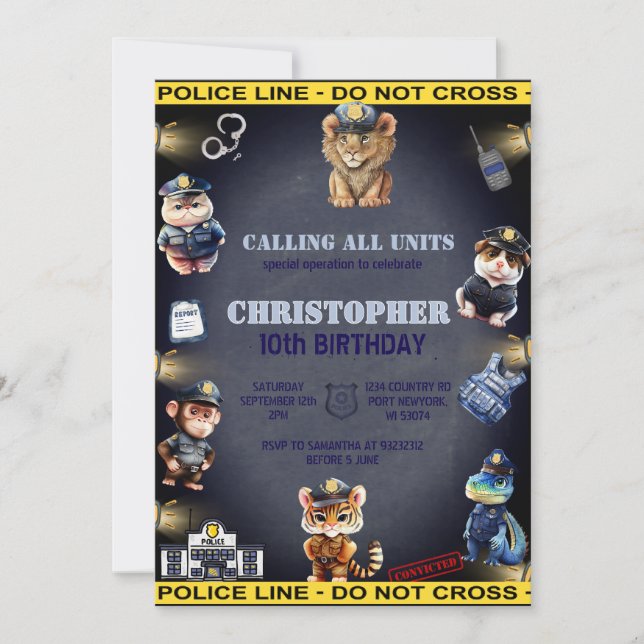 Invitación Animales de cumpleaños con uniforme de policía (Anverso)