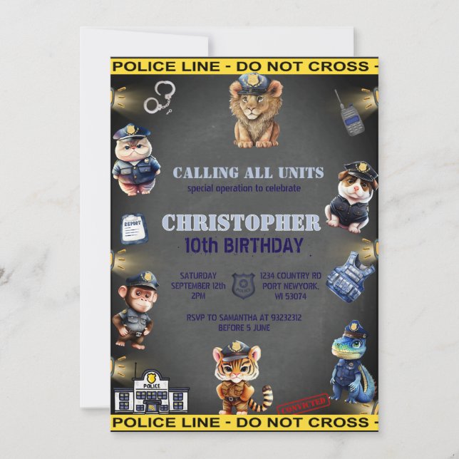 Invitación Animales de cumpleaños con uniforme de policía (Anverso)