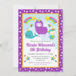 Invitación Animales de Cumpleaños para Niños con Unicornio Ad