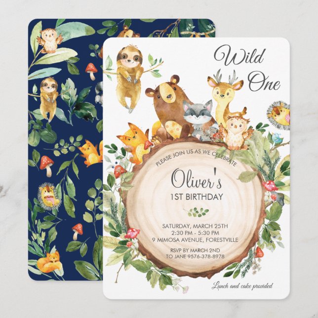 Invitación Animales de Cute Woodland 1 Fiesta de cumpleaños s (Anverso / Reverso)