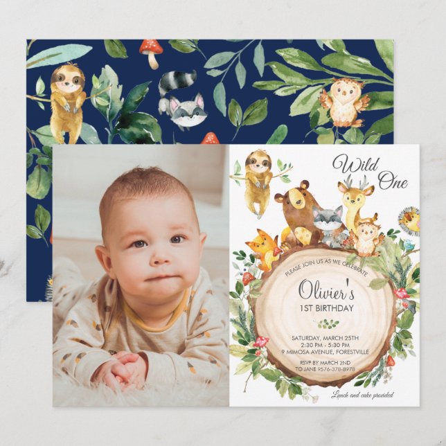 Invitación Animales de Cute Woodland Chica de primer cumpleañ (Anverso / Reverso)