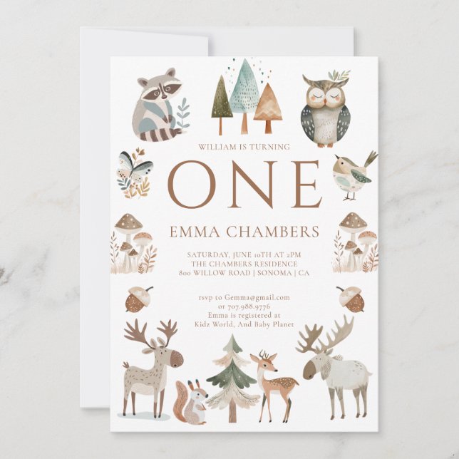 Invitación Animales de Cute Woodland Primer Cumpleaños (Anverso)