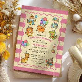 Invitación Animales de Fiesta Bebé Niña Rosa Cumpleaños de Pr