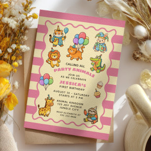 Invitación Animales de Fiesta Bebé Niña Rosa Cumpleaños de Pr