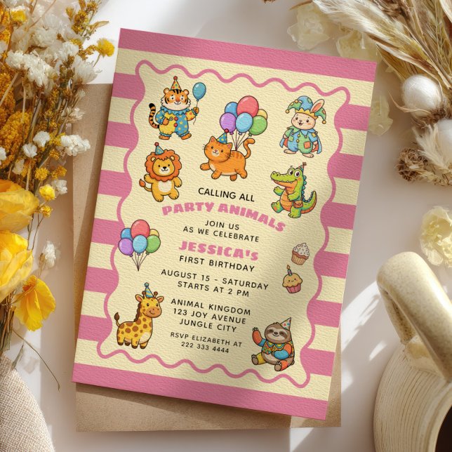 Invitación Animales de Fiesta Bebé Niña Rosa Cumpleaños de Pr (Subido por el creador)