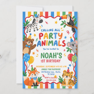 Invitación Animales de Fiesta Coloridos Cumpleaños 1