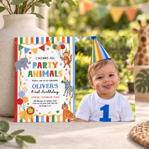 Invitación Animales de fiesta coloridos niño cumpleaños 1ª fo