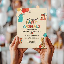Invitación Animales de Fiesta con Globos Colores Retro Cumple