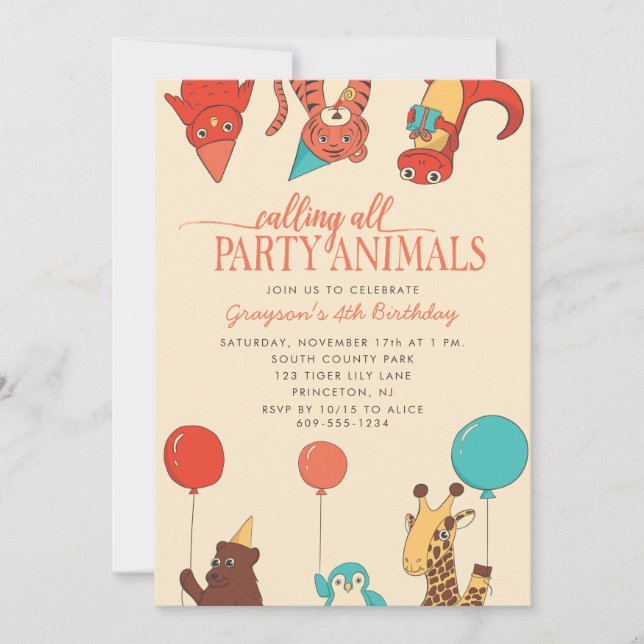 Invitación Animales de fiesta con globos Cumpleaños personali (Anverso)