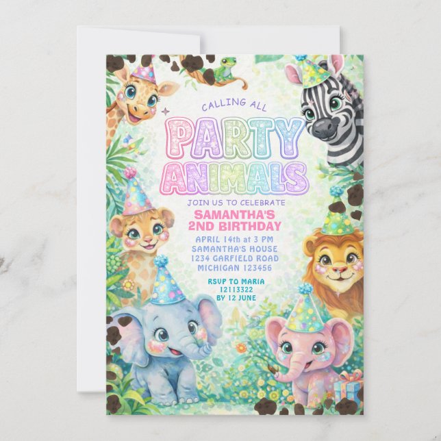Invitación Animales de fiesta Cumpleaños Colorido Arcoíris (Anverso)