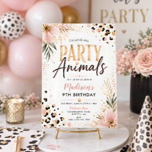 Invitación Animales de Fiesta Cumpleaños de Niñas Flores Rosa