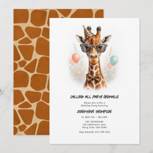 Invitación Animales de Fiesta Cumpleaños Divertido Jirafa Niñ