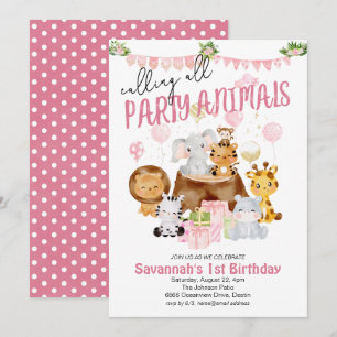 Invitación Animales de Fiesta Cumpleaños Rosa