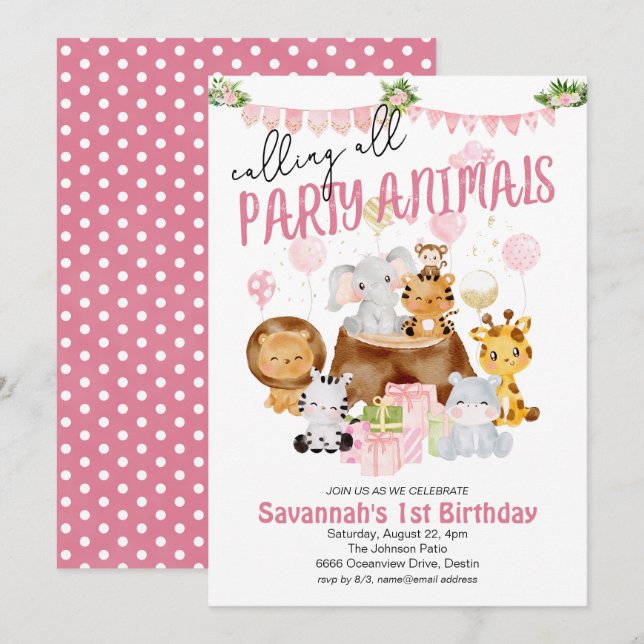 Invitación Animales de Fiesta Cumpleaños Rosa (Anverso / Reverso)