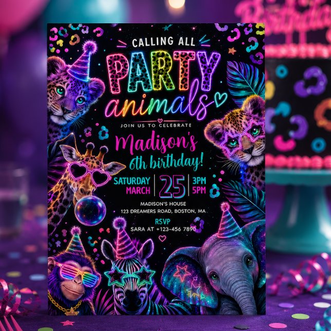 Invitación Animales de fiesta de cumpleaños Neon  (Subido por el creador)