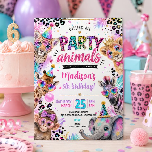 Invitación Animales de fiesta de cumpleaños Neon  (Subido por el creador)