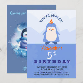 Invitación Animales de fiesta de pingüino de acuarela azul mo