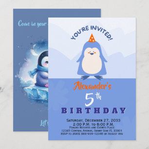 Invitación Animales de fiesta de pingüino de acuarela azul mo