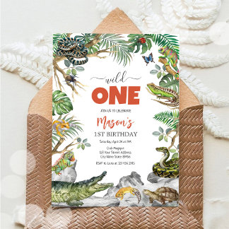 Invitación Animales de fiesta de reptiles Wild One para niños