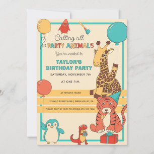 Invitación Animales de Fiesta Divertido Cumpleaños de Niños J