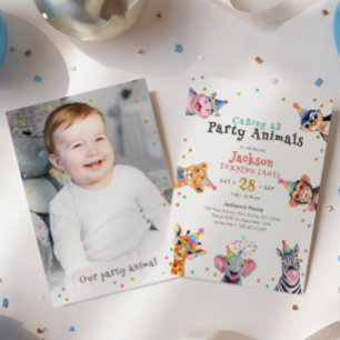 Invitación Animales de Fiesta Editable Edad y Foto Cumpleaños