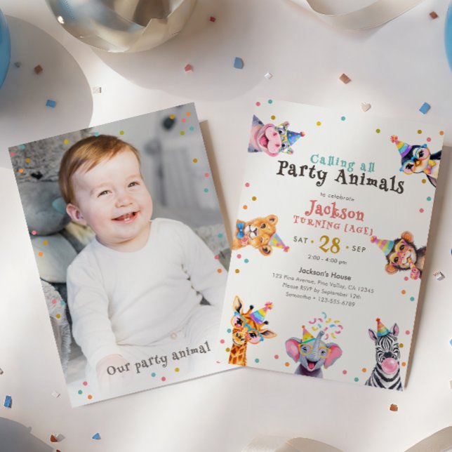 Invitación Animales de Fiesta Editable Edad y Foto Cumpleaños (Subido por el creador)