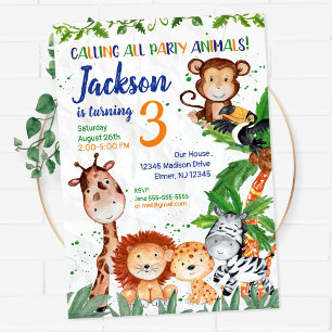 Invitación Animales de Fiesta Joven Safari Zoo Fiesta Cumplea