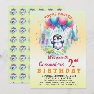 Invitación Animales de fiesta lindos pingüino niño niña