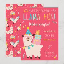 Invitación Animales de Fiesta Llama Cumpleaños Chicas Rosa
