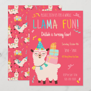 Invitación Animales de Fiesta Llama Cumpleaños Chicas Rosa