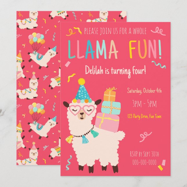 Invitación Animales de Fiesta Llama Cumpleaños Chicas Rosa (Anverso / Reverso)