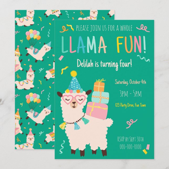 Invitación Animales de Fiesta Llama Cumpleaños Chicas Verde (Anverso / Reverso)