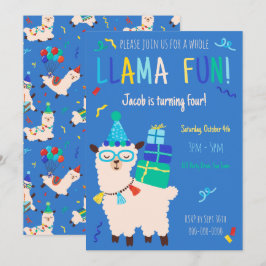 Invitación Animales de Fiesta Llama Cumpleaños Niños Azul