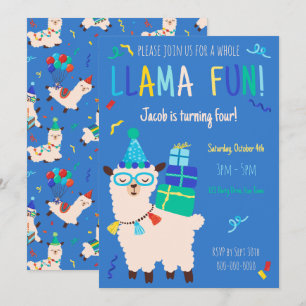 Invitación Animales de Fiesta Llama Cumpleaños Niños Azul
