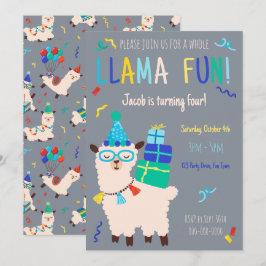 Invitación Animales de Fiesta Llama Cumpleaños Niños Gris