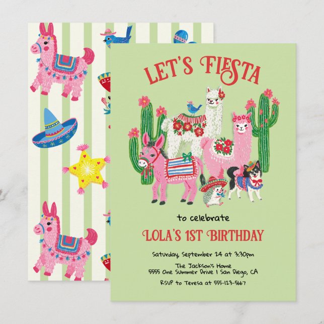 Invitación Animales de Fiesta Mexicana de Cumpleaños (Anverso / Reverso)