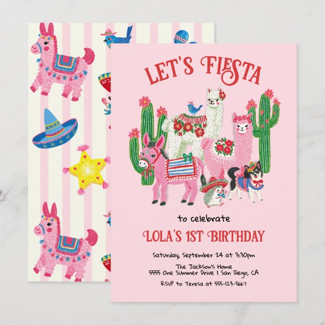 Invitación Animales de Fiesta Mexicana de Cumpleaños (Anverso / Reverso)