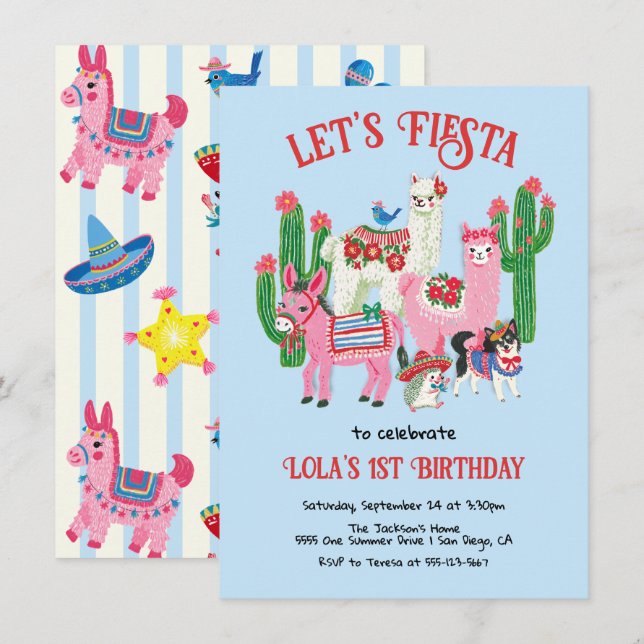 Invitación Animales de Fiesta Mexicana de Cumpleaños (Anverso / Reverso)