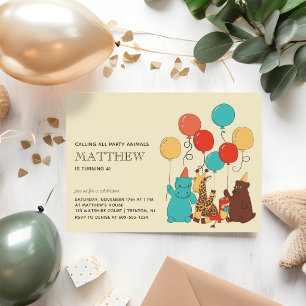Invitación Animales de Fiesta Oso, Jirafa, Cumpleaños de Niño