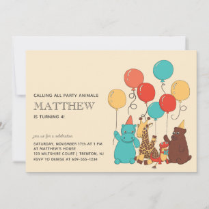 Invitación Animales de Fiesta Oso, Jirafa, Cumpleaños de Niño