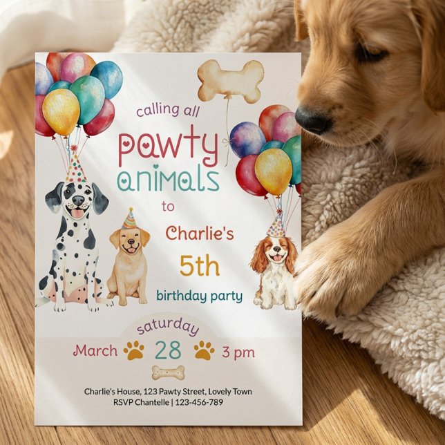 Invitación Animales de Fiesta Perritos y Globos Cumpleaños (Calling all Pawty Animals! Easy to edit invitation for any age kid (or puppy dog's) birthday party)